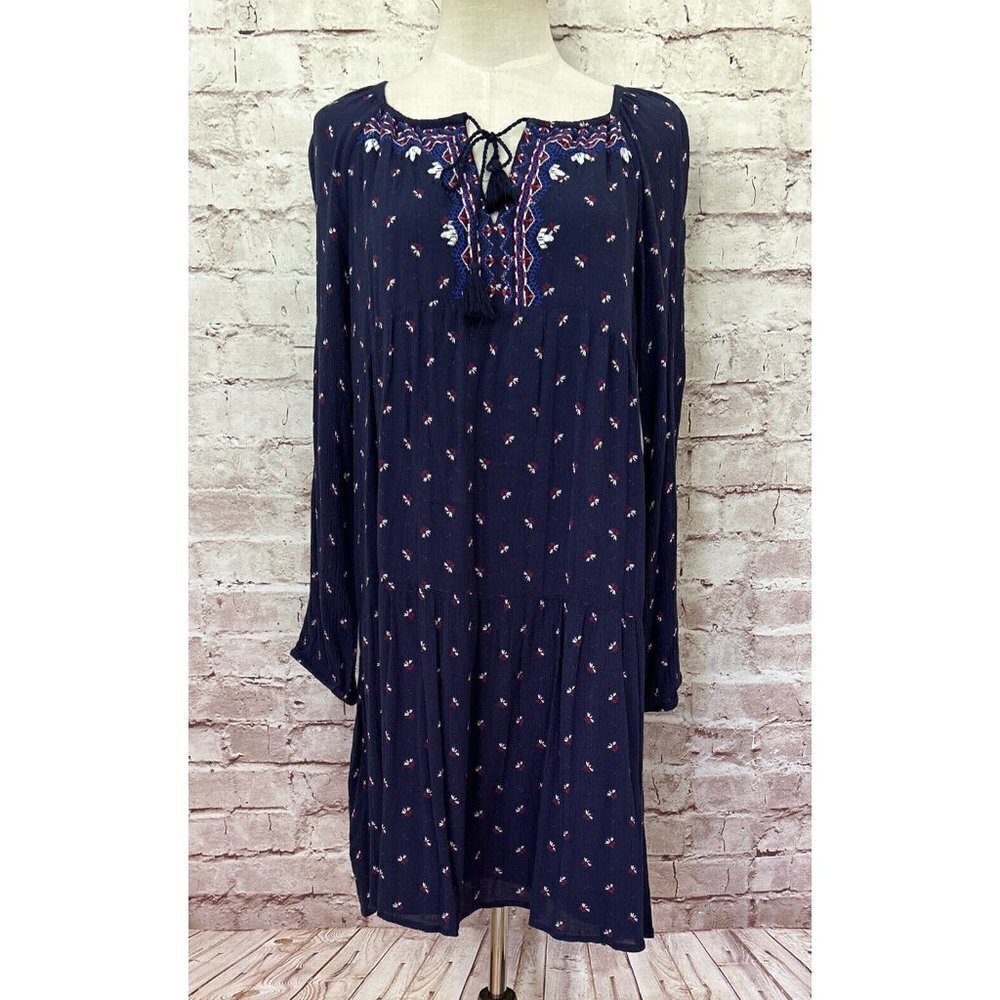 Old Navy Womens Dark Blue Embroidered Boho Tassel Tie Shift Dress Size M NEW